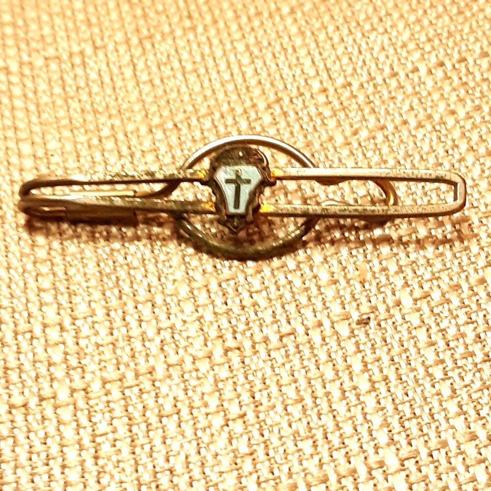 Vintage Religious Money Tie Clip Cross Design Gold-Tone Metal Blue Enamel Accent